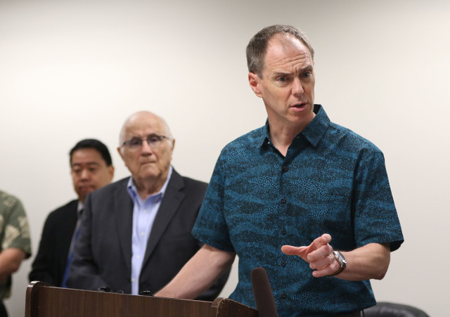 Alexander Baldwin President CEO Chris Benjamin makes a point during press conference announcing restoration of water to upcountry Maui. 20 april 2016.